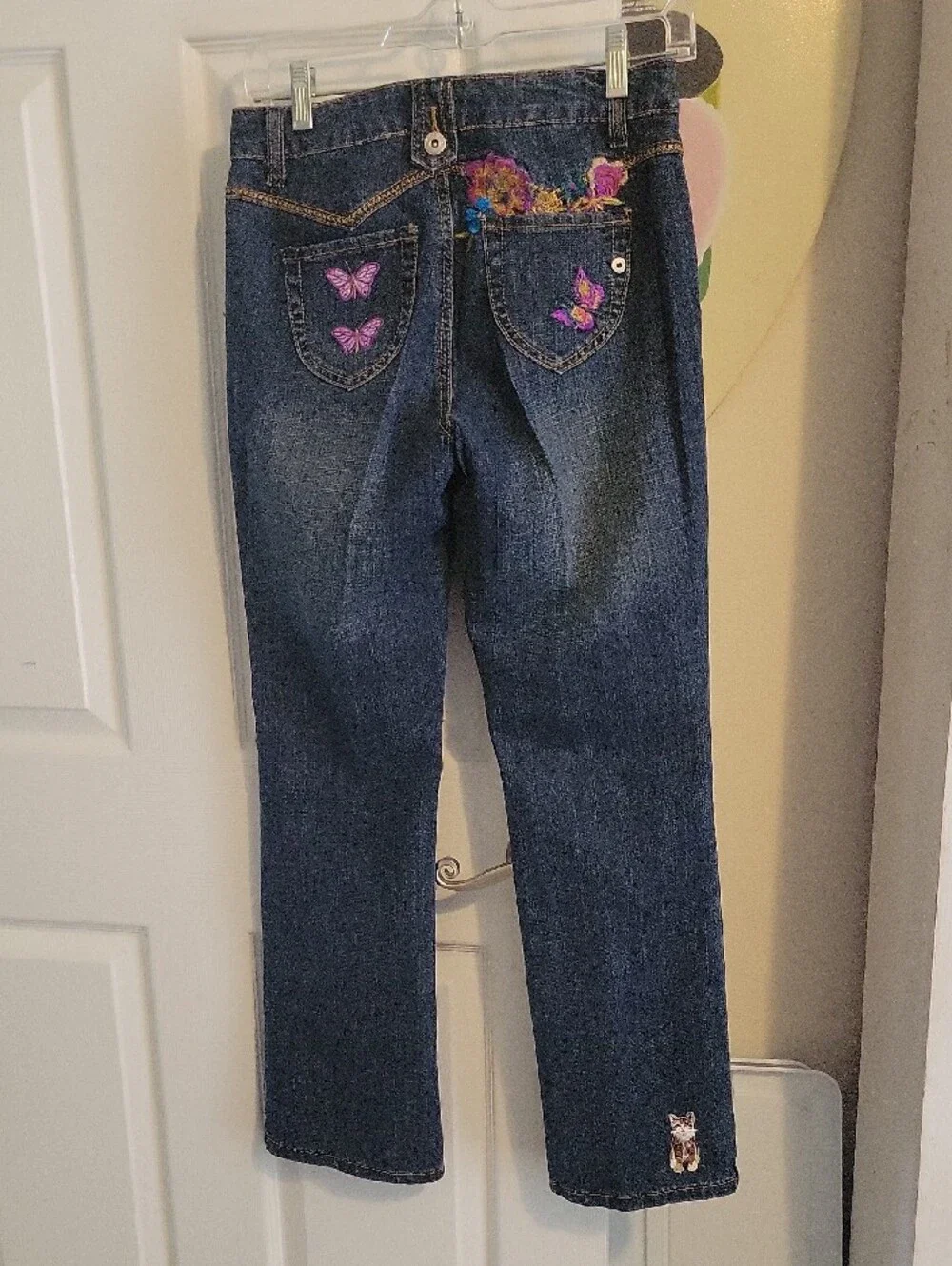 Baccini Sz4T Dark Blue Straight-Leg Jeans Floral Embroidery With Cat embroidery